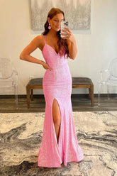 Pink Prom Dress Sequined Mermaid Evening Dress
