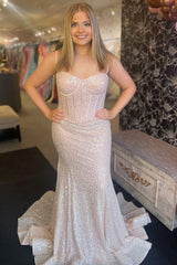 Pink Spaghetti Straps Mermaid Prom Dress Sleeveless Formal Dress With Sequins