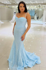 Pink Spaghetti Straps Mermaid Prom Dress Sleeveless Formal Dress With Sequins
