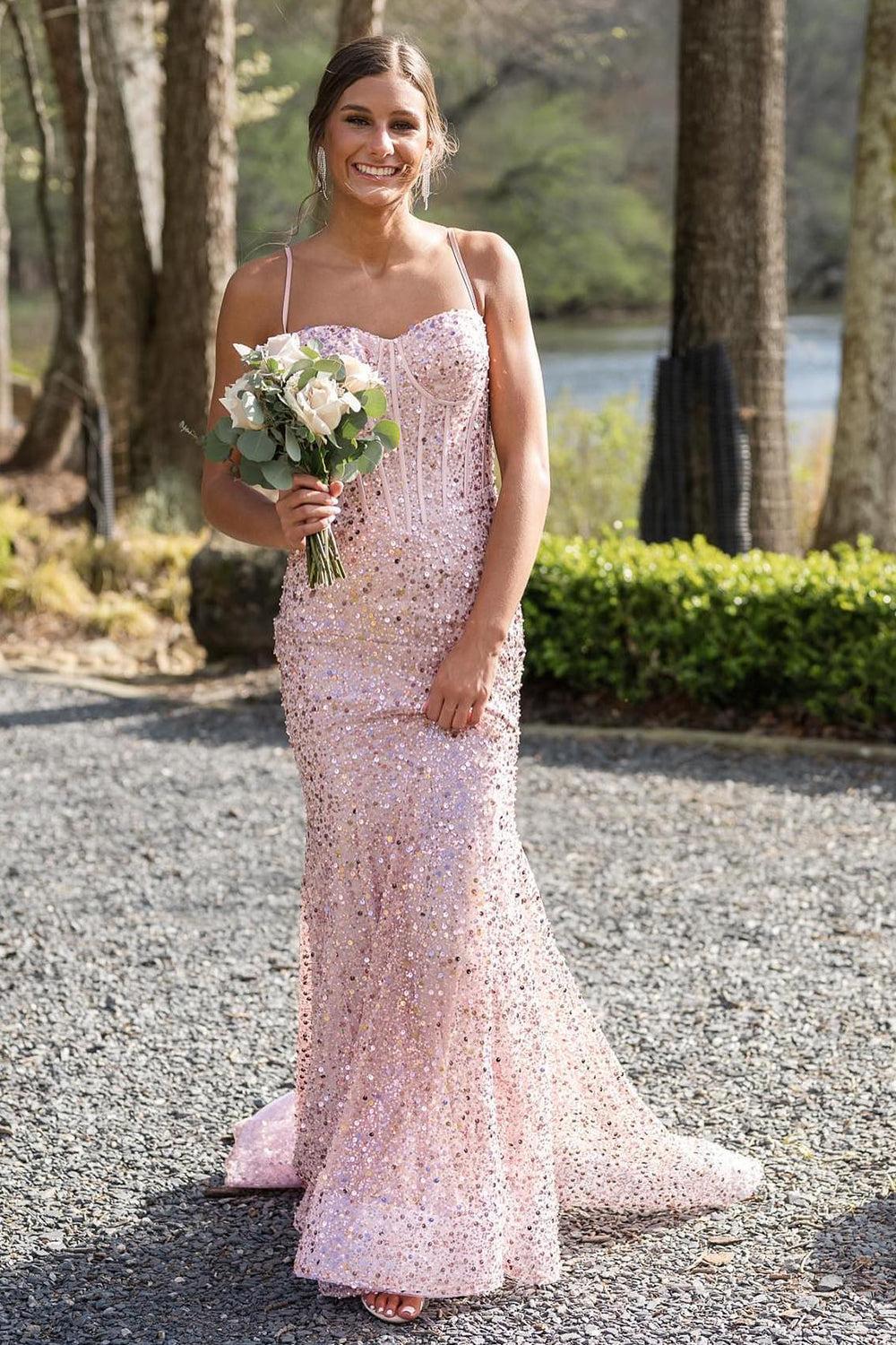 Pink Spaghetti Straps Mermaid Prom Dress Sleeveless Formal Dress With Sequins
