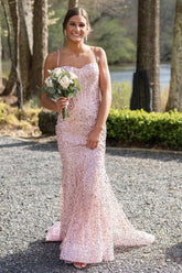 Pink Spaghetti Straps Mermaid Prom Dress Sleeveless Formal Dress With Sequins