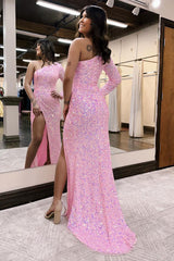 Pink Prom Dress Sparkly Mermaid One Shoulder Sequin Evening Dress