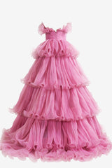 Pink Prom Dress Strapless A Line Tiered Crinkled Tulle Evening Dress