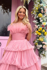 Pink Prom Dress Strapless A Line Tiered Crinkled Tulle Evening Dress