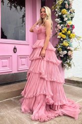 Pink Prom Dress Strapless A Line Tiered Crinkled Tulle Evening Dress