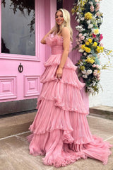 Pink Prom Dress Strapless A Line Tiered Crinkled Tulle Evening Dress