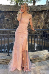Strapless Prom Dress Mermaid Lace Long Evening Dress with Split