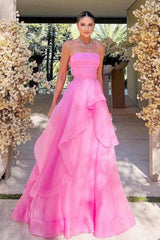Pink Prom Dress Strapless Organza A Line Evening Dress