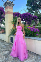 Pink Prom Dress Strapless Organza A Line Evening Dress