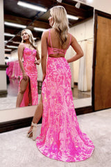 Pink Prom Dress Sweetheart Collar Sequin Lace Mermaid Evening Dress with Split
