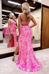 Pink Prom Dress Sweetheart Collar Sequin Lace Mermaid Evening Dress with Split
