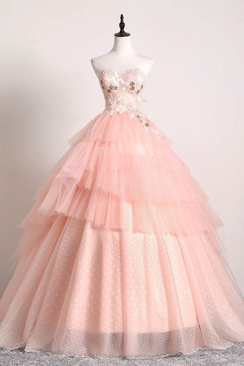 Pink Prom Dress Sweetheart Lace Tulle Long Formal Gown Evening Dress