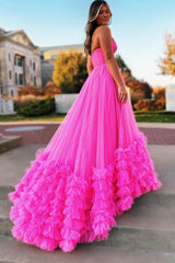 Pink Prom Dress Sweetheart Neck Tiered Tulle Long Evening Dress