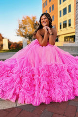 Pink Prom Dress Sweetheart Neck Tiered Tulle Long Evening Dress