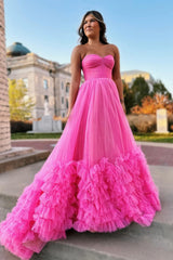 Pink Prom Dress Sweetheart Neck Tiered Tulle Long Evening Dress