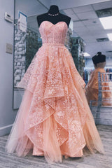 Pink Prom Dress Sweetheart Neck Tulle Lace Long Evening Dress