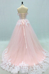 Pink Prom Dress Sweetheart Neck Tulle Lace Long Formal Evening Dress