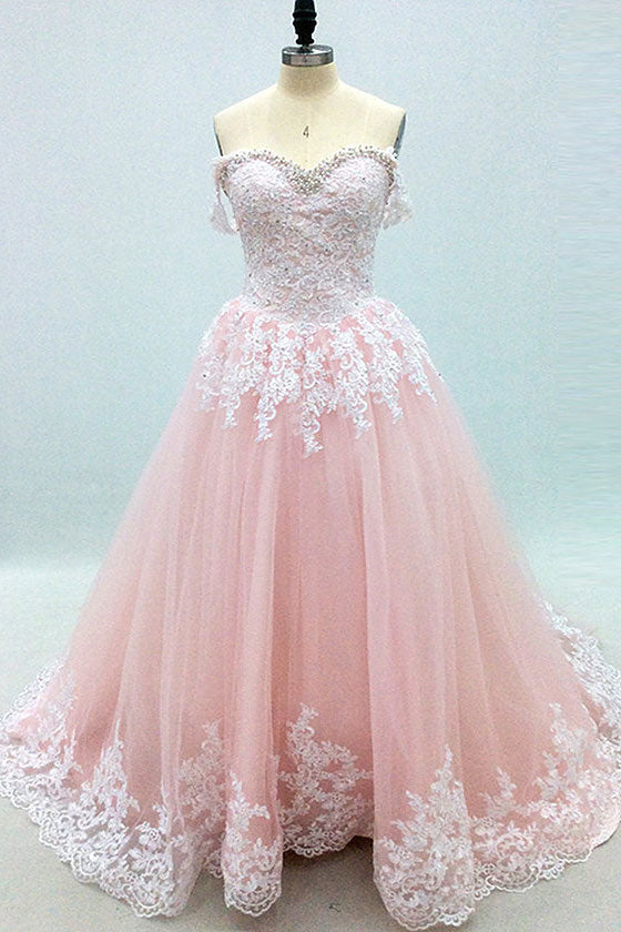 Pink Prom Dress Sweetheart Neck Tulle Lace Long Formal Evening Dress
