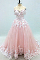 Pink Prom Dress Sweetheart Neck Tulle Lace Long Formal Evening Dress