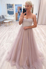 Pink Prom Dress Sweetheart Neck Tulle Long Formal Dress Evening Dress