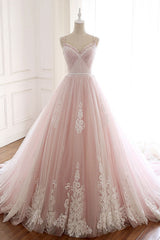 Pink Prom Dress Sweetheart Neck Tulle Long Lace Formal Gown Evening Dress