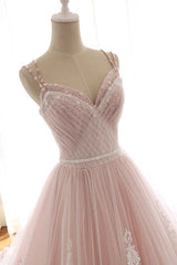 Pink Prom Dress Sweetheart Neck Tulle Long Lace Formal Gown Evening Dress