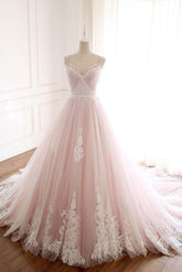 Pink Prom Dress Sweetheart Neck Tulle Long Lace Formal Gown Evening Dress