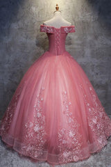 Pink Prom Dress Sweetheart Off the Shoulder Lace Tulle Long Sweet 16 Dress Evening Dress