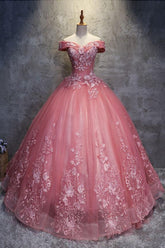 Pink Prom Dress Sweetheart Off the Shoulder Lace Tulle Long Sweet 16 Dress Evening Dress