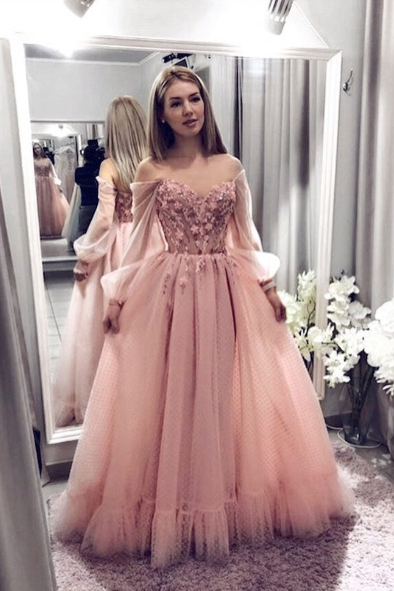Pink Prom Dress Sweetheart Tulle Lace Long Formal Evening Dress