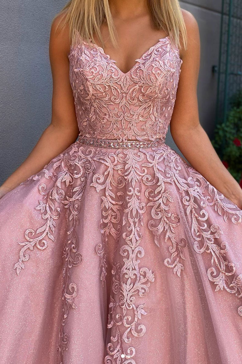 Pink Prom Dress Sweetheart Tulle Lace Long Formal Evening Dress