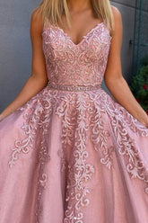 Pink Prom Dress Sweetheart Tulle Lace Long Formal Evening Dress