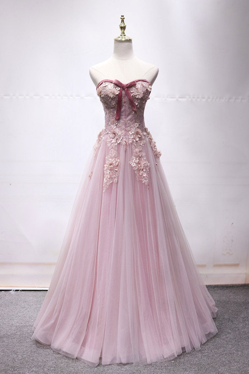 Pink Prom Dress Sweetheart Tulle Lace Long Formal Evening Dress