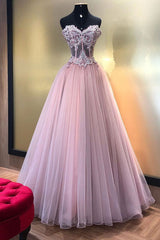 Pink Prom Dress Sweetheart Tulle Lace Long Formal Gown Evening Dress
