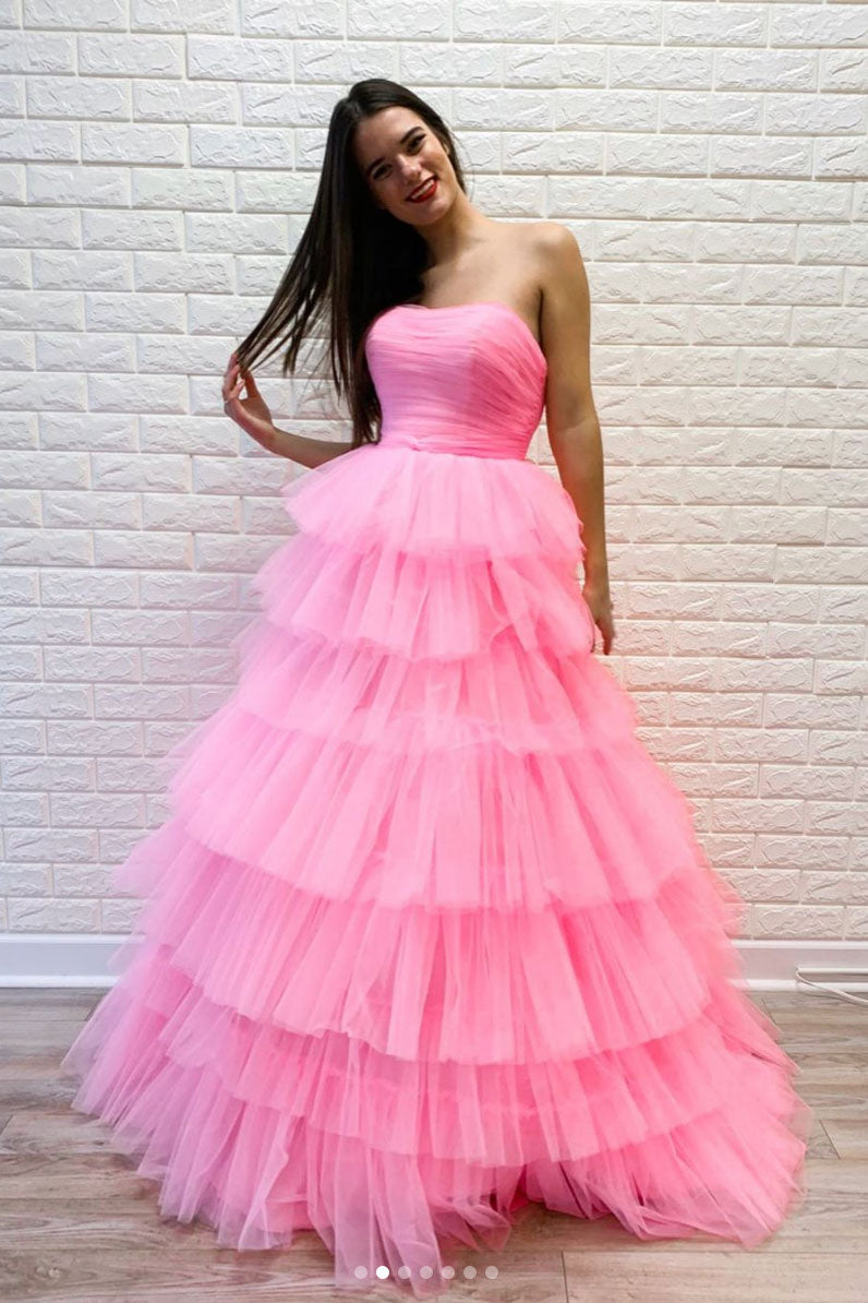 Pink Prom Dress Sweetheart Tulle Long Formal Evening Dress