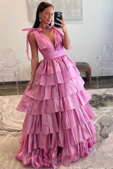 Pink Prom Dress Tiered Long Evening Dress