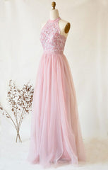Pink Prom Dress Tulle Lace Long Evening Dress