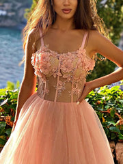Pink Prom Dress Tulle Lace Long Evening Dress