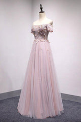 Pink Prom Dress Tulle Lace Long Evening Dress