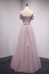 Pink Prom Dress Tulle Lace Long Evening Dress