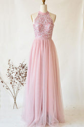 Pink Prom Dress Tulle Lace Long Evening Dress