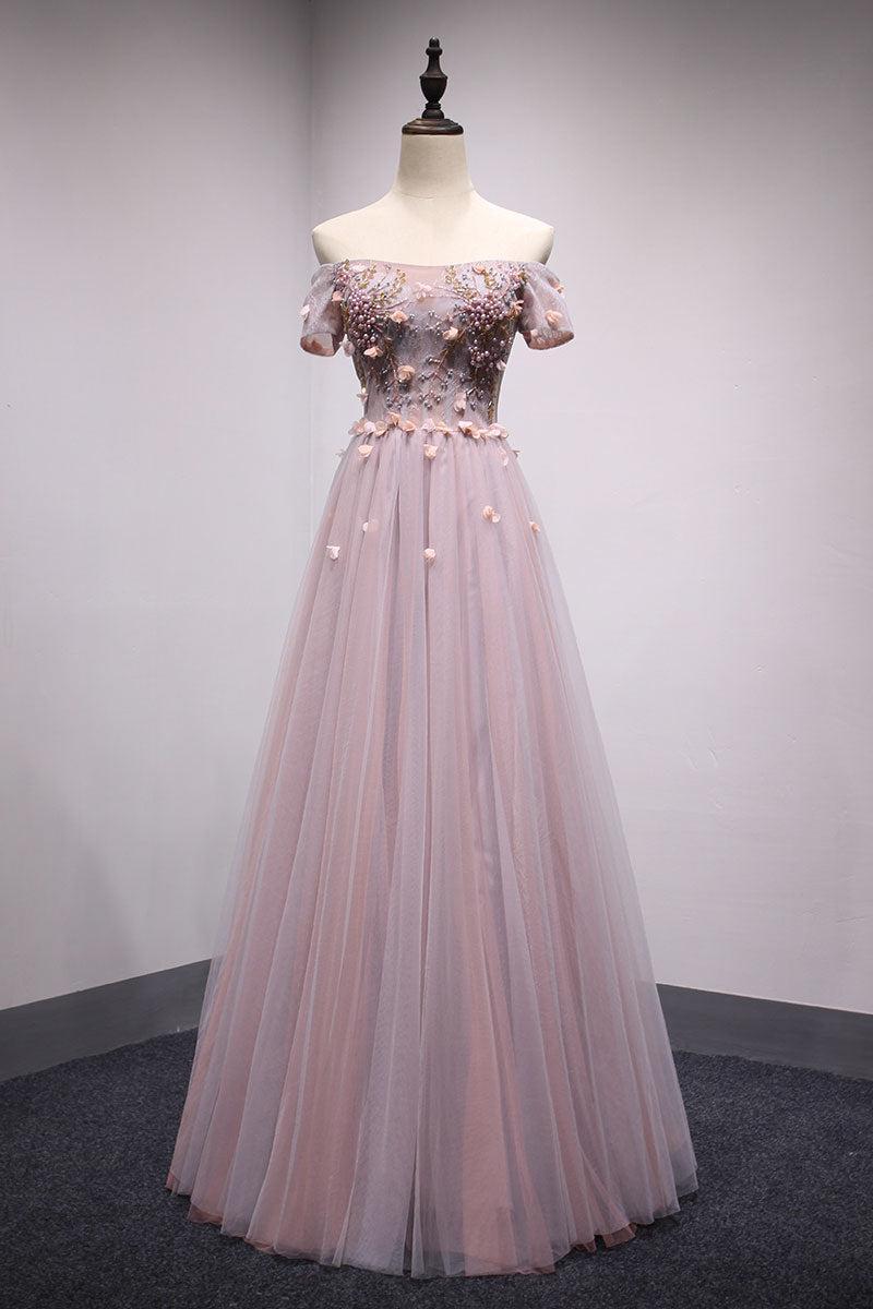 Pink Prom Dress Tulle Lace Long Evening Dress