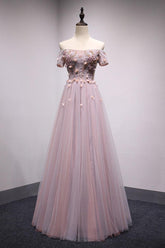 Pink Prom Dress Tulle Lace Long Evening Dress