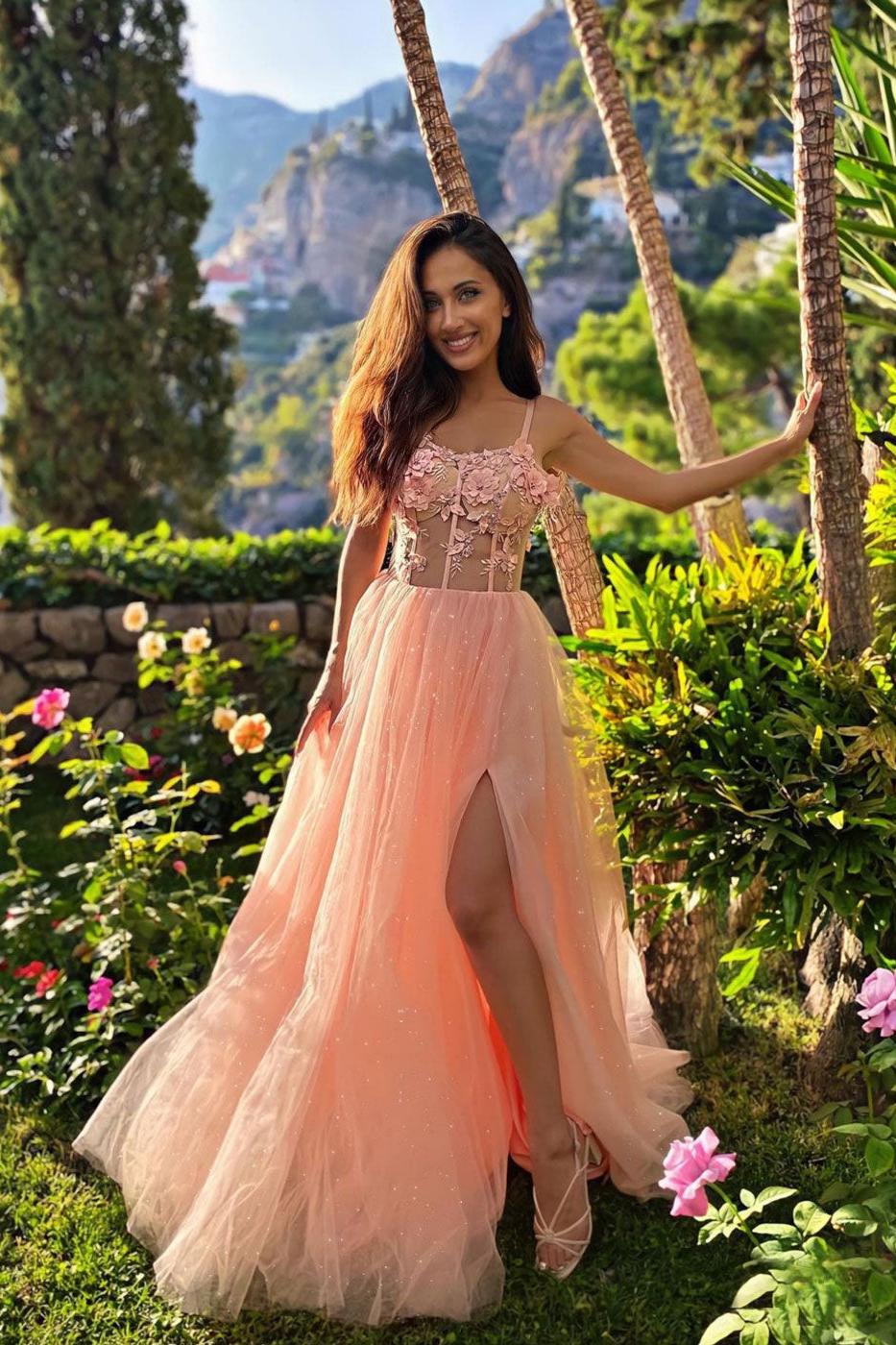 Pink Prom Dress Tulle Lace Long Evening Dress