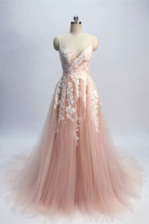 Pink Prom Dress Tulle Lace Long Formal Dress Evening Dress