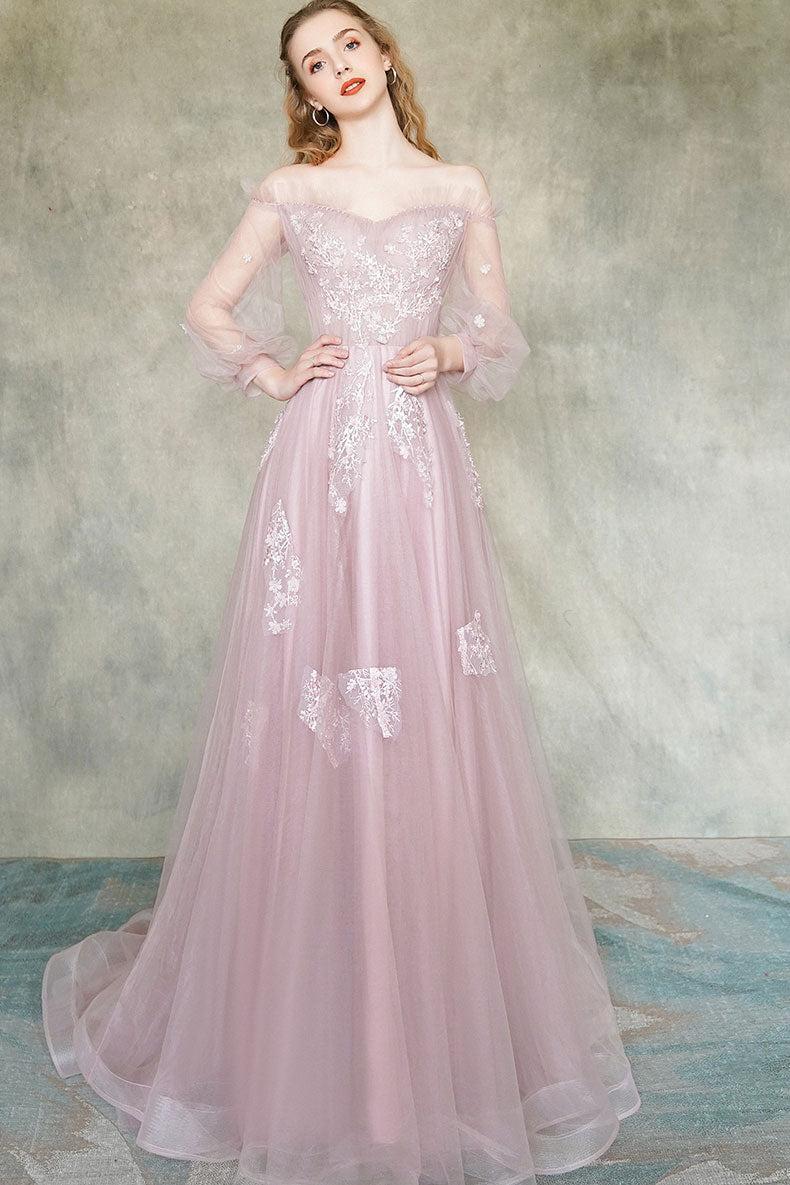 Pink Prom Dress Tulle Lace Long Formal Dress Evening Dress