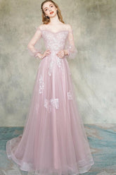 Pink Prom Dress Tulle Lace Long Formal Dress Evening Dress