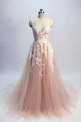 Pink Prom Dress Tulle Lace Long Formal Dress Evening Dress