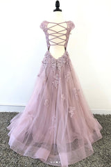 Pink Prom Dress Tulle Lace Long Formal Evening Dress