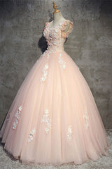 Pink Prom Dress Tulle Lace Long Formal Evening Dress